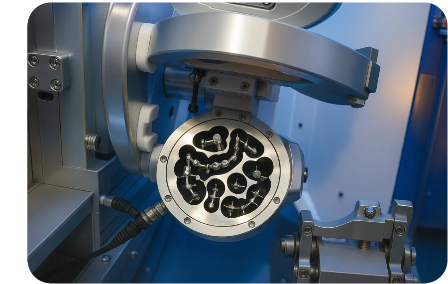 Fräsmaschine mit eingespanntem Titanrohling zur Herstellung von Implantat-Suprakonstruktionen