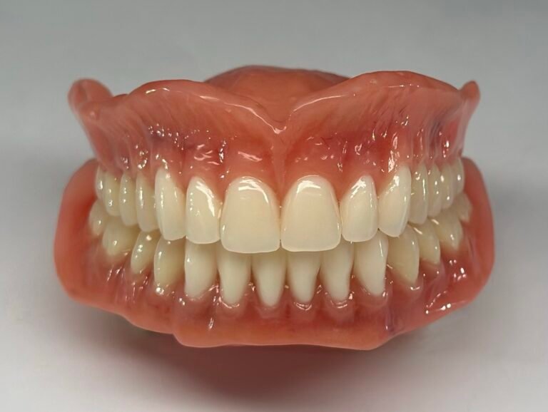 Zwei Totalprothesen mit individuell eingefärbtem Acryl für ein natürlicheres Aussehen